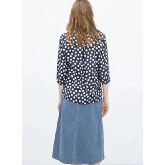 ZARA Blue White Linen Polka  Dot Button Down Long Sleeve Shirt size XS - Picture 4 of 8